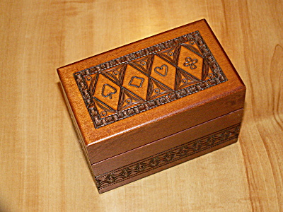 Vintage Carved Wood Playing Cards 2 Deck Box Hinged Lid Card Symbols