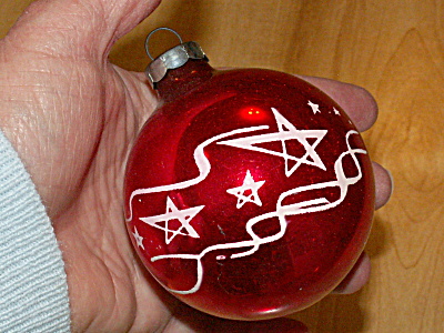 Vintage Made In U.s.a. Glass Christmas Tree Ornament Red Ball Stars