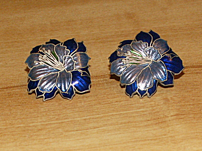 Vintage Clip On Earrings Square Enamel Cloisonne Blue Flowers Azalea