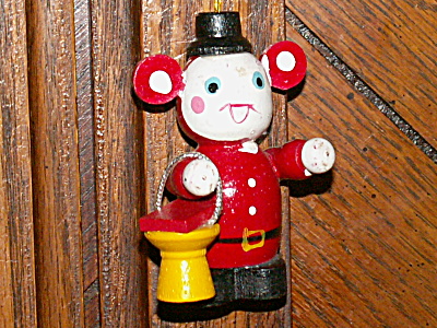 Vintage Wood Taiwan Christmas Tree Ornament Mouse Dressed In Uniform