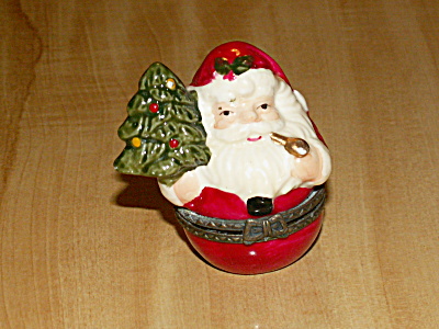 Fun Vintage Porcelain China Christmas Trinket Box Santa With Tree
