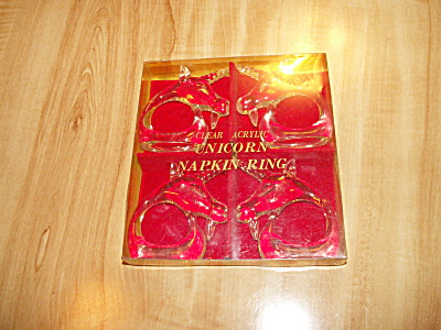 Fun Set 4 Mid Century Acrylic Lucite Unicorn Napkin Rings Original Box