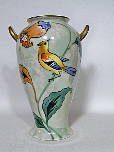 Noritake Deco Bird Green Luster Vase