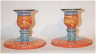 Noritake Pair Of Orange Deco Candleholders
