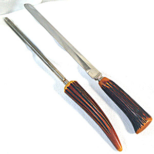 Bakelite Roast Knife And Sharpening Steel Faux Antler Stag Horn