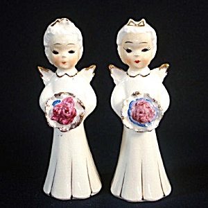 1950s Japan Pair Angel Figurines Holding Bouquets Or Nosegays