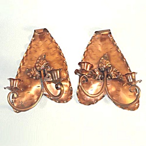 Pair Gregorian Copper Leaf Double Candle Sconces