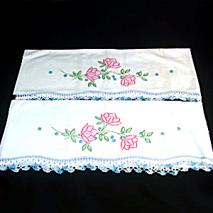 Pink Flowers Pair Embroidered Pillowcases With Crochet Lace Edging
