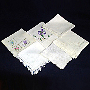 6 White Lace And Embroidered Vintage Hankies