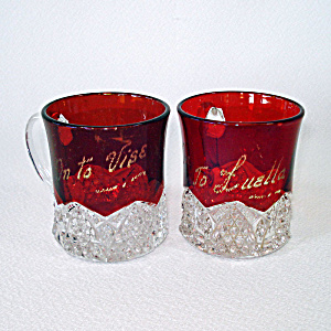 Pair Duncan Button Arches Eapg Ruby Stained Souvenir Mugs