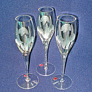3 Romanian Floral Cut Crystal Flute Champagne Goblets