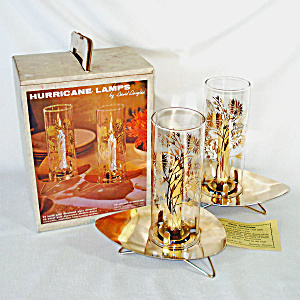 22k Glass Brass 1960s Hurricane Candle Lamps In Original Box