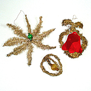Antique Tinsel Christmas Ornaments With Glass, Foil