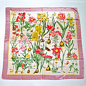 Botanical Flowers 35 Inch Silk Scarf Pink Yellow Green
