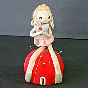 Mid Century Cloth Doll Pin Cushion With Tape Measure