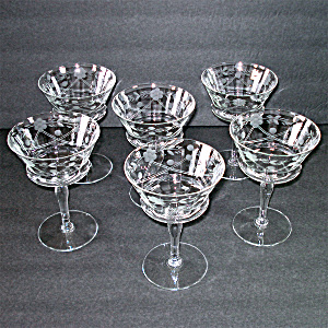 6 Paneled Optic Crystal Liquor Cocktail Stems Cut Swags Flowers