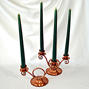Pair Gregorian Copper Double Candlesticks, Bonus Triple Holder