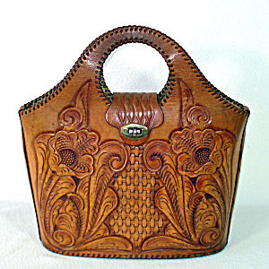 Western Tooled Leather Bucket Tote Bag Purse