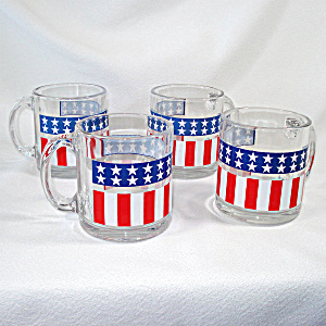 Libbey Patriotic Stars And Stripes 4 Glass Mugs