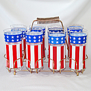 Libbey Set Patriotic Stars And Stripes Glass Tumblers In Caddy