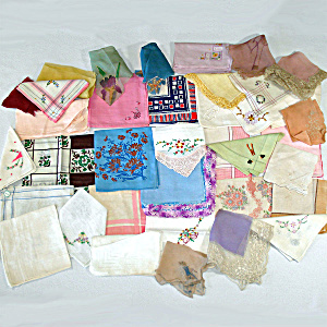 3 Dozen Assorted Vintage Ladies Hankies Silk Cotton Linen