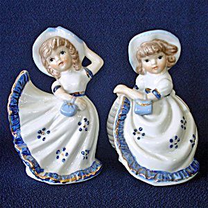 Pair Blue White Porcelain Petticoat Girls Figurines