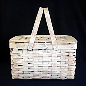 Antique Whitewashed Woven Wood Picnic Basket