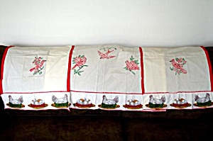 Embroidered Red Birds Kitchen Curtains, 3 Panels