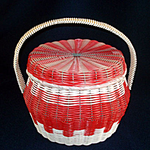 Red And White Woven Plastic Covered Sewing Or Hair Curlers Basket
