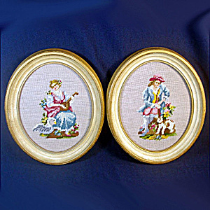 Pair Oval Renaissance Couple Needlepoint Pictures