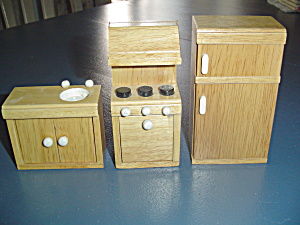 3 Pc. Kitchen Appliances Natural Wood Doll House Furniture