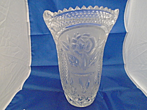 Pressed Glass Rose Design, Waffle, Sawtooth Tall Vase