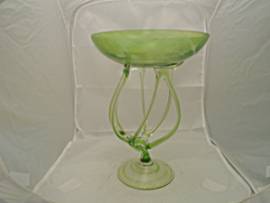Art Glass Mid Century Hand Blown Green Bowl W/tube-like Stems