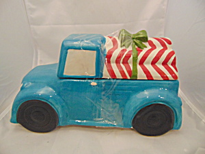 Blue Pick-up Truck W/candy Cane Logs Ceramic Cute