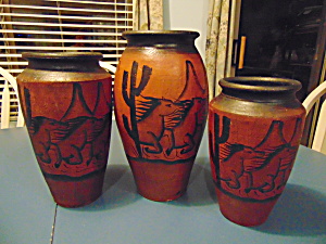 Vintage Made In Mexico 3 Pottery Vases W/horses/saguaro Cacti
