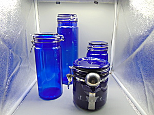 Cobalt Blue Set Of 4 Glass Canisters W/spring Hinge And Rubber Seals