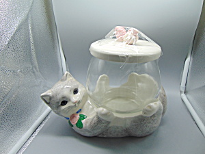 Cat Cookie Jar Holding A Fish Bowl