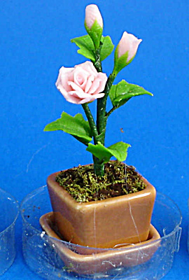 Dollhouse Miniature Pink Roses In Planter