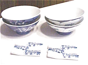 Rice Bowls + Chop Stick Rests Blue And White
