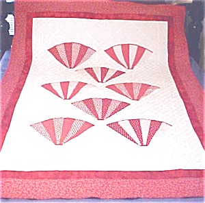 Throw Lap Quilt Wall Hanging Red White Grandmas Fans