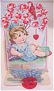 Valentines Card Germany Girl In Roses Fold Out Antique
