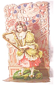 Valentines Card Germany Girl With Harp Fold Out