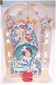 Fold Out Valentines Card Girl With Umbrella 1910-20's