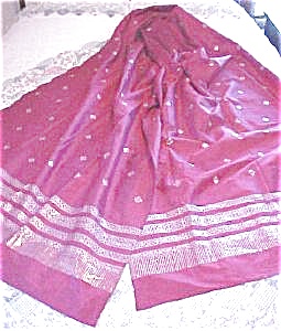 Vintage Sari Rose Silk Ornate Silver Designs