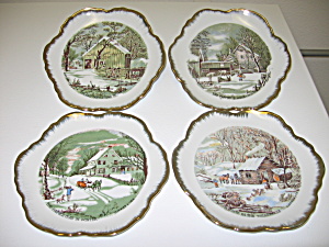 Currier & Ives Collector Wall Plates Gold Trim Set Of 4