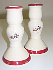 Royal Seasons Snowmen Stoneware Pair Of Candle Sticks