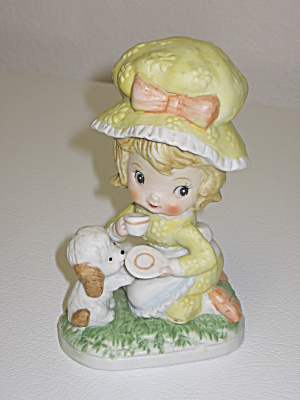 Royal Crown Yellow Bonnet Girl Drinking Tea With Puppy