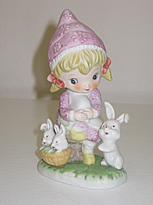 Royal Crown Pink Hat Girl Bunnies In Basket Figurine