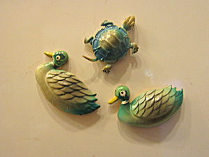 Vintage Tin Back Fridge Magnet Set Ducks & Turtle