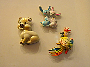 Vintage Tin Back Fridge Magnet Set Pig,rabbit,parrot